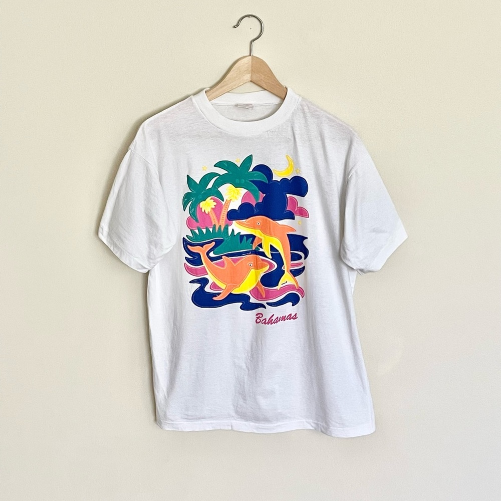 Vintage 80s Bahamas Dolphin Graphic White Single Stitch T Shirt Adult size Large